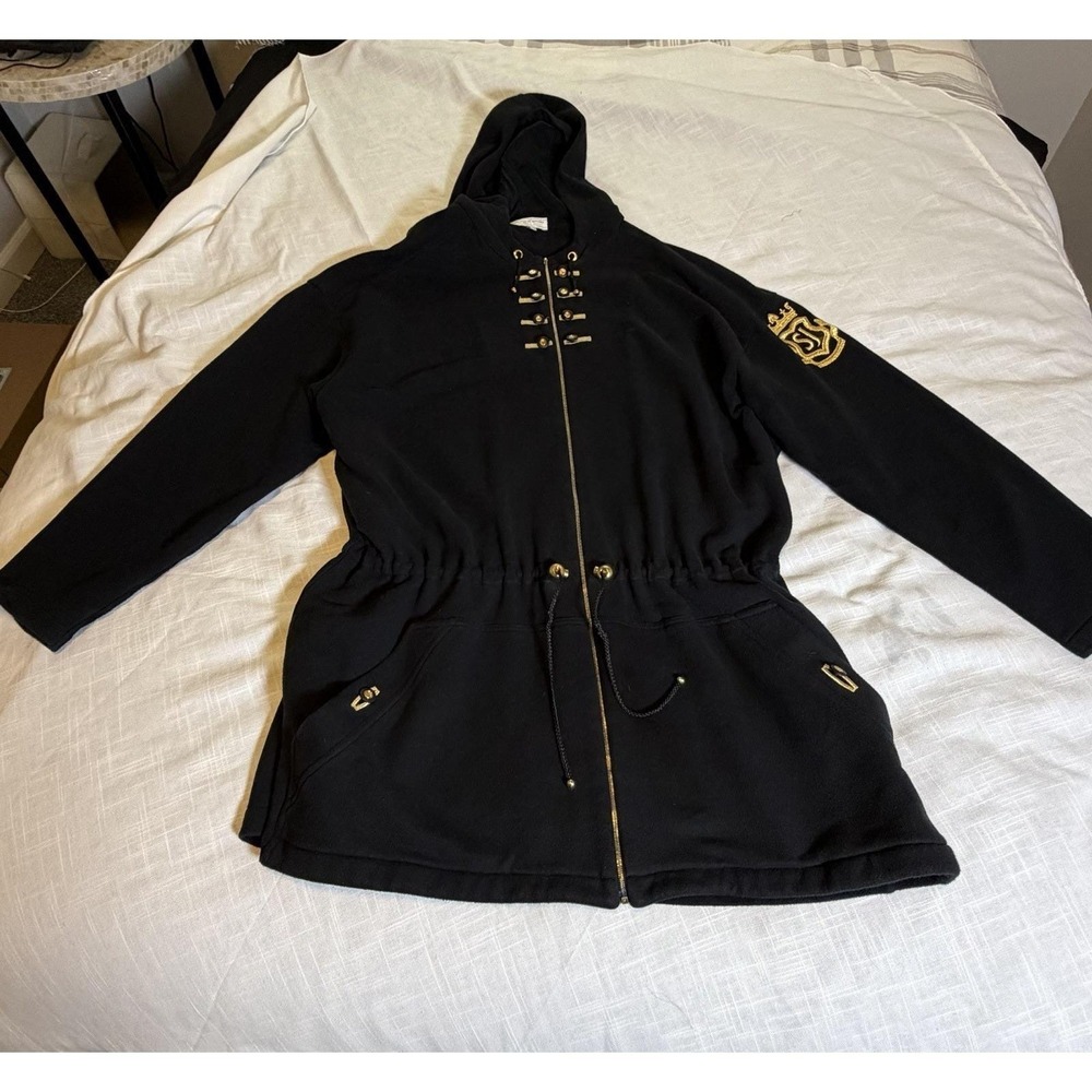 Vtg  ST JOHN Sport Black Zip Hoodie Military Jacket~Sz L~Gold Logo Crest ITALY - Picture 11 of 16